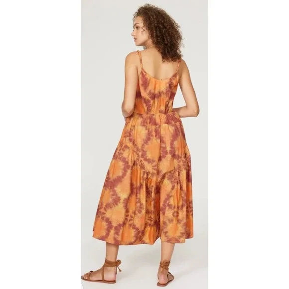 Ulla Johnson Valentina Dress Orange Tie Dye Sunburst Midi Cotton V-Neck Womens 4 - Picture 2 of 3